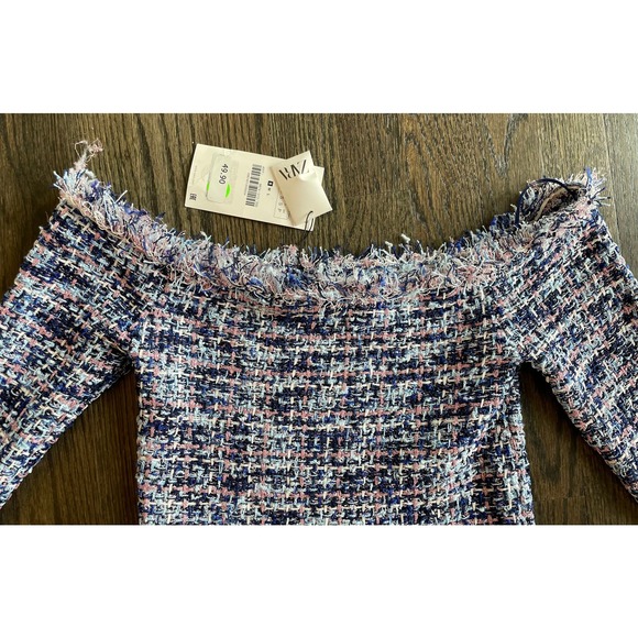 NWT ZARA Tweed Frayed Off-Shoulder Blue Pink Sweater Top Small - Picture 6 of 8